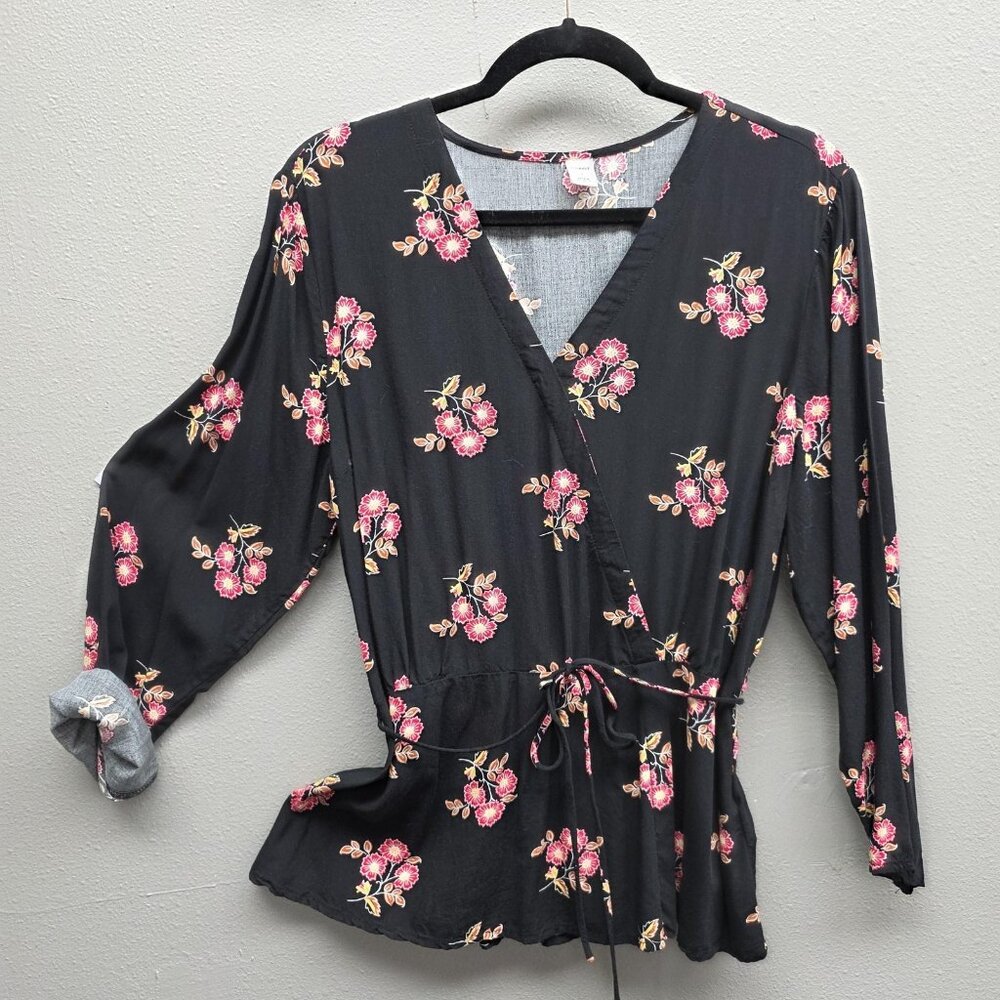 Old Navy Shirt Womens Large Black Floral Wrap Long Sleeve Tie Waist Peplum